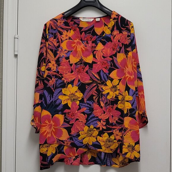 Beautiful by Lawrence Zarian Womens Tunic Top 2X Plus Floral 3/4 Sleeve Multicor - Picture 1 of 15